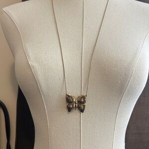 1928 Vintage Gold Butterfly Pendant Necklace with Dark Accent Wings